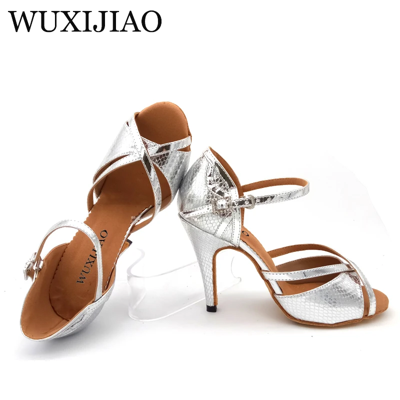 WUXIJIAO 2018 New Women Snake texture PU Silver Shoes For Dance Shoes Ladies Latin Ballroom Salsa Dance Shoes Sandals