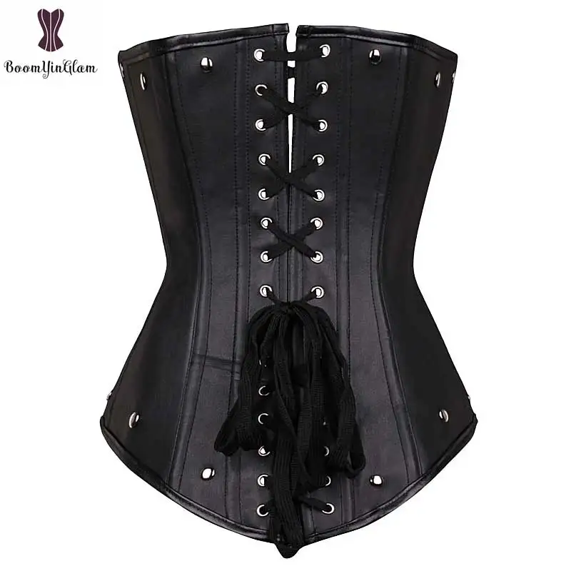 Faux Leather Steampunk Corset Sexy Women Everyday Outwear Front Buckle Closure Rivet Underbust Shoulder Strap Corselet Bustier