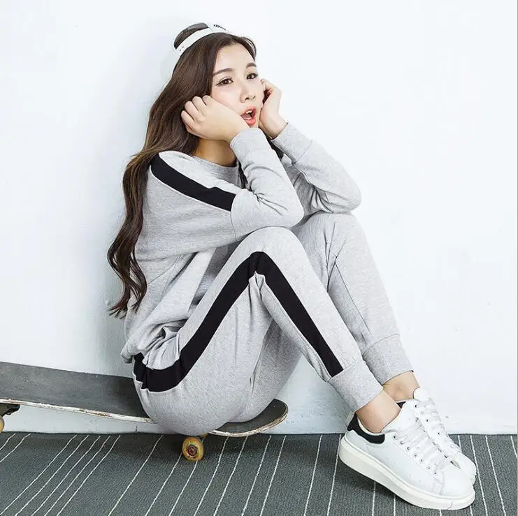 Women Cotton Costumes Sweatshirt +Long Pant Suit Striped Outfit Black Grey Navy Two Piece Set Tracksuit Female Sporting Suit 2XL