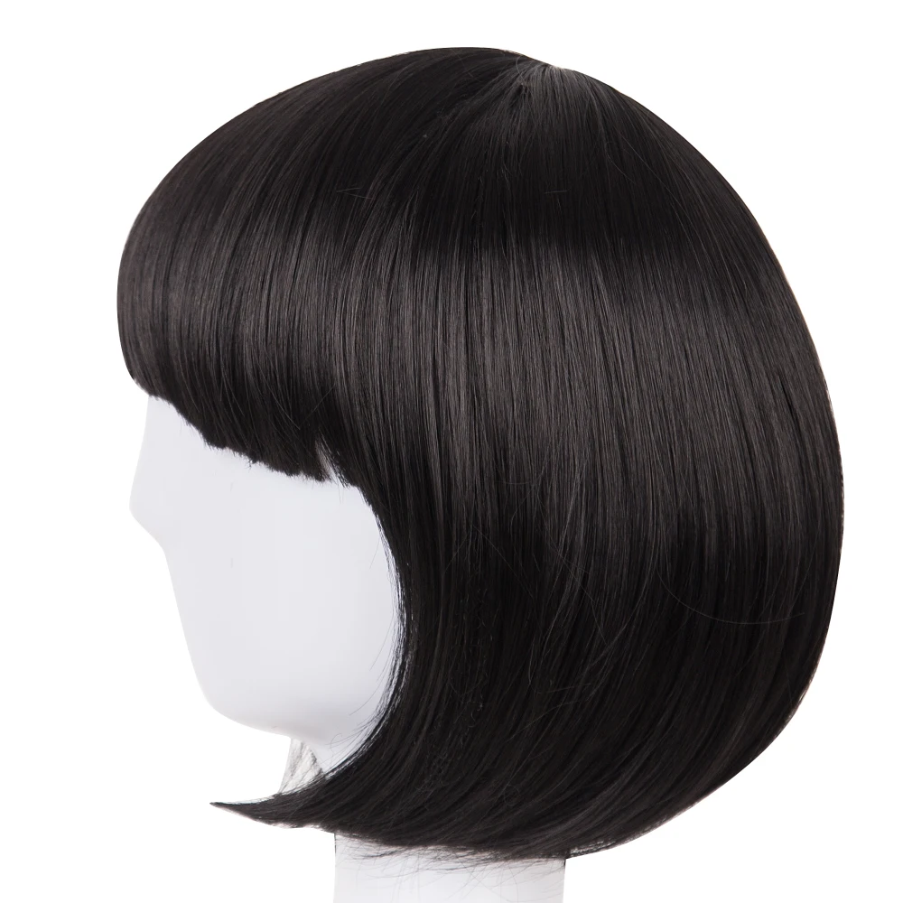 Short Hair Fei-Show Synthetic Heat Resistant Fiber Black Bob Wig With Flat Bangs Modern Show Cosplay Halloween Carnival Wigs - Image 2