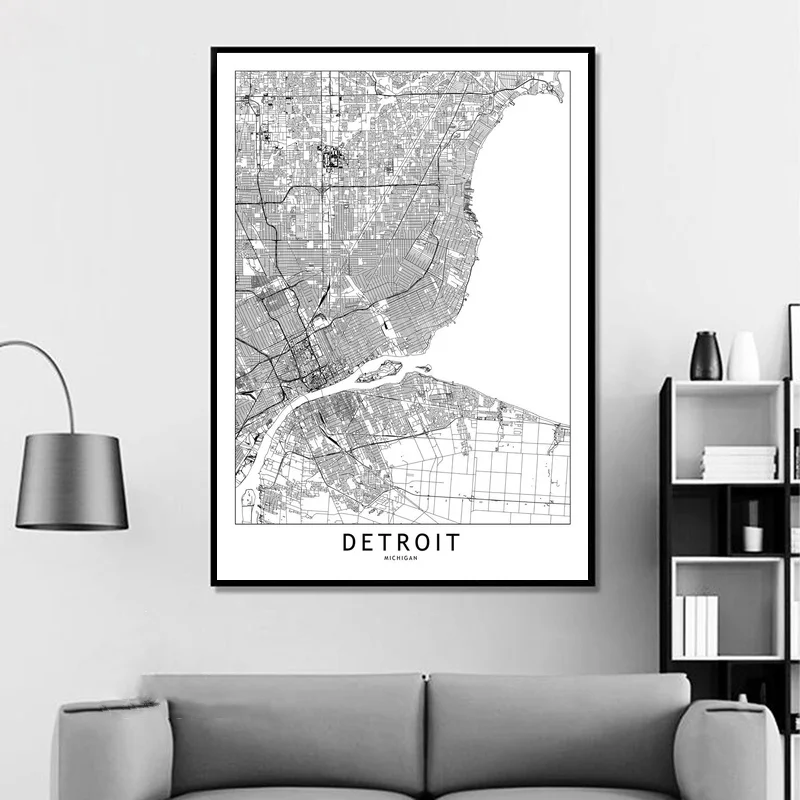 Detroit Black White Custom World City Map Posters Prints Nordic Style Wall Art Pictures Home Decor Canvas Painting