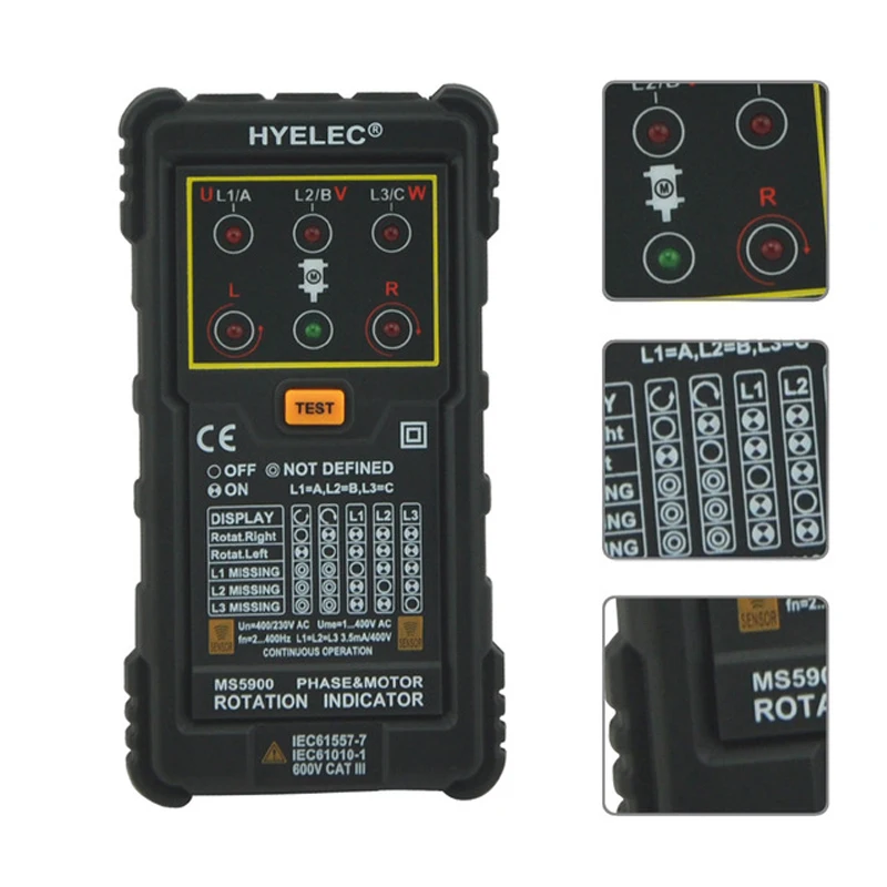 Peakmeter MS5900 Motor & Phase Rotation Indicator Three Phase Rotation Indicator Sequence Voltage Current Frequency Tester