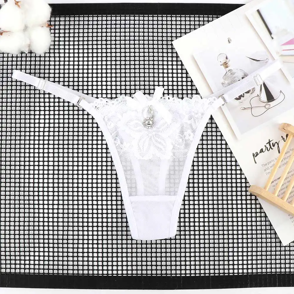 Culotte en dentelle avec pendentif en perle pour femme, string en G brodé, slip en T réglable, sous-vêtement sexy, lingerie pour femme