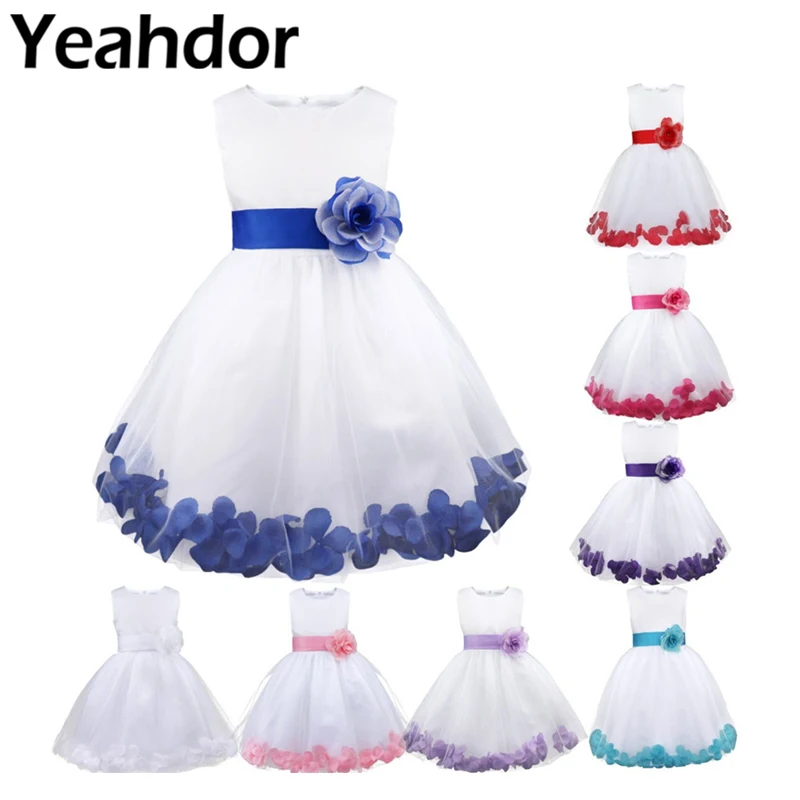 Girls Flower Petals Dresses Pageant Wedding Bridal Tulle Dress Kids Flower Girl Dress Children's Party Costume Girl's Clothing