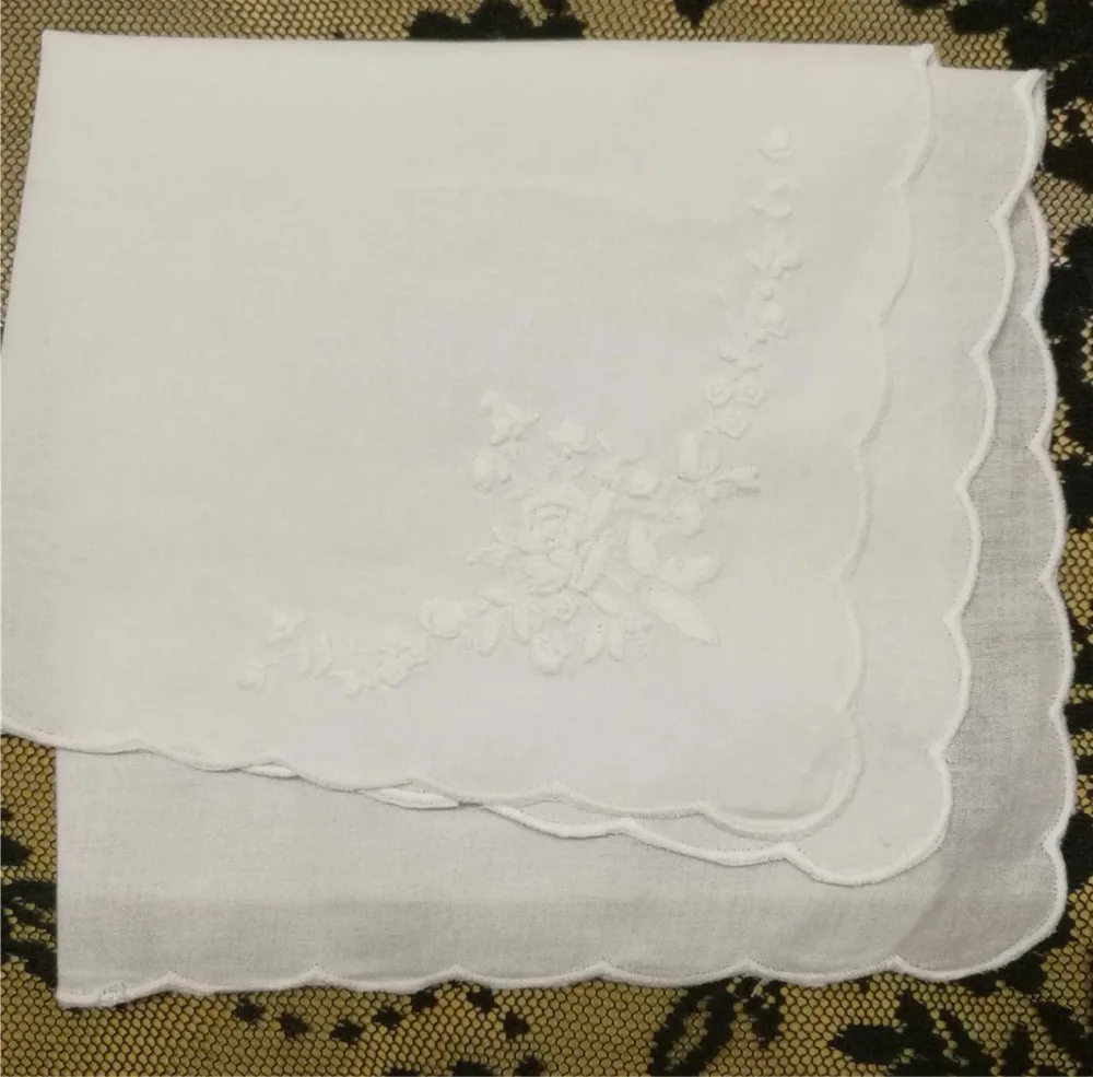 Set of 12 Fashion White Cotton Ladies Handkerchiefs 12-inch Wedding Hankie Women Hanky with scallooed Edges & embroidered Floral