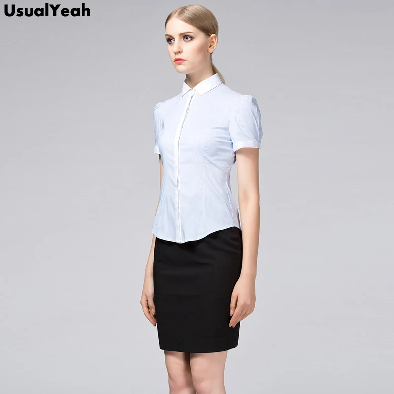 Usualyeah Mới Thời Trang Phụ Nữ Làm Việc Áo Sơ Mi Thanh Lịch Áo Ngắn Tay OL Cotton Áo Mùa Hè Vintage Thấu Xanh S -XXL