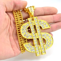 Hip Hop Gold Color Dollar Sign $ Pendants & Necklaces With Long Twist Chain Statement Necklace For Woman Men