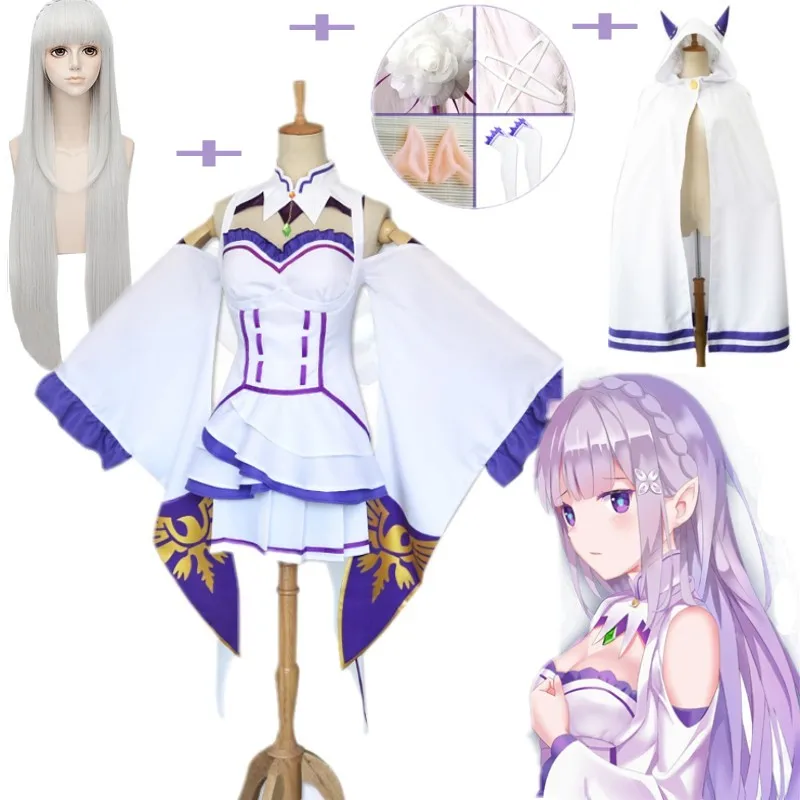 

Emilia Dress Re Zero Cosplay Sets Wig Women Cosplay Dress Emilia Cosplay costume Anime Cosplay Party Halloween Party cloak wig