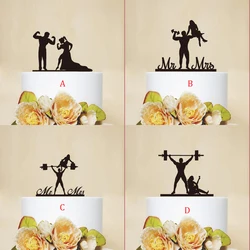 Wedding Cake Topper Funny Fitness Bride Groom Mr Mrs Acrylic Black weightlifting Cake Toppers Wedding Decoration Mariage Party