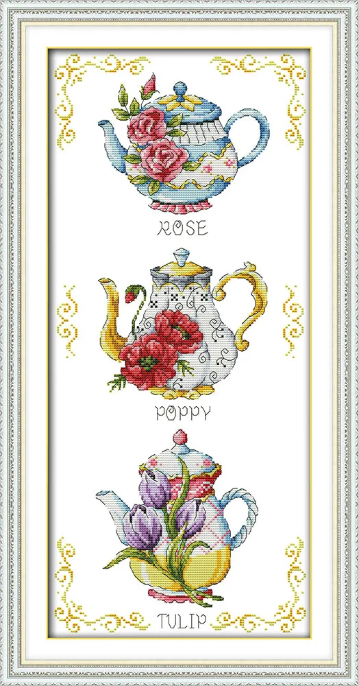 Clear stock Flower cake teapot cross stitch kit counted fabric 18ct pre printed 14ct 11ct embroidery DIY handmade needlework