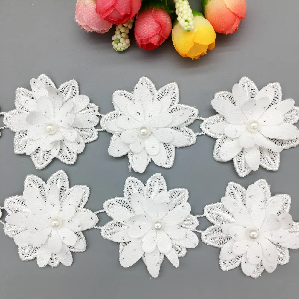 20Pcs 3D White Multi-layer Rose Flower Pearl Lace Trim Embroidered Ribbon French Fabric Sewing Craft DIY For Costume Decoration