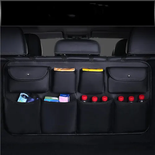 Bolsa de almacenamiento de cuero de alta calidad para asiento trasero de coche, organizador de maletero de coche con múltiples bolsillos, accesorios interiores de almacenamiento automático