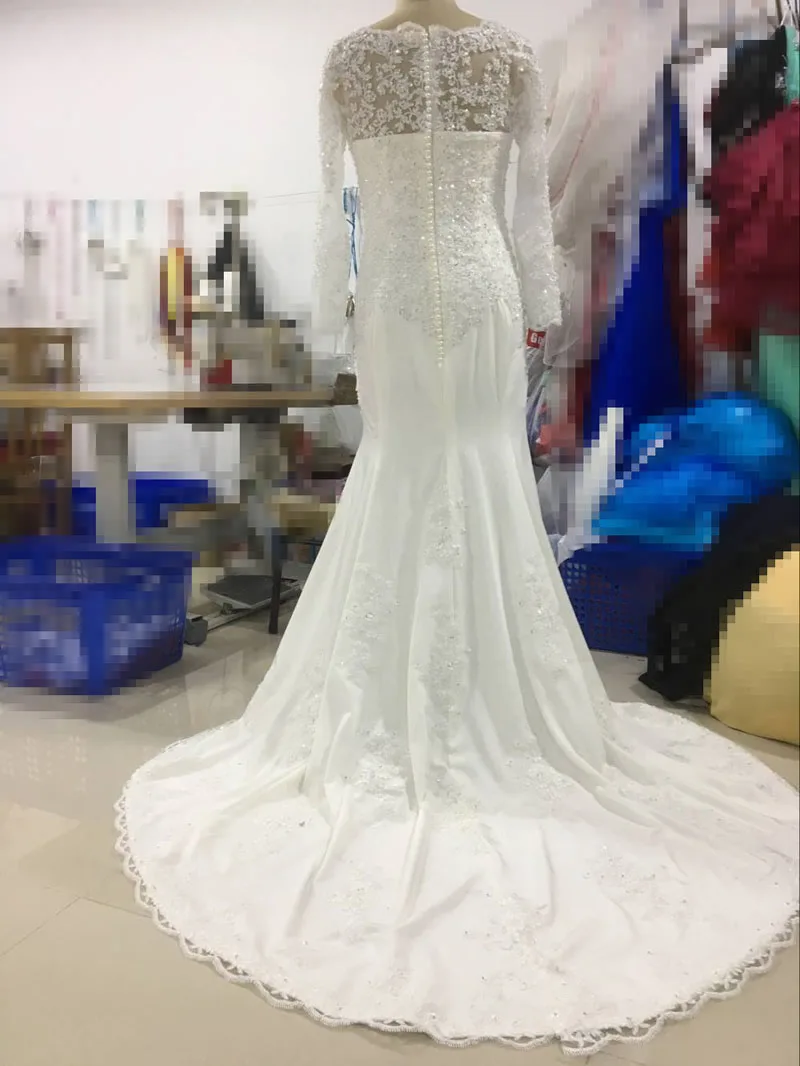 Robe de mariée sirène en dentelle, manches longues, perlée, Sexy, dos nu, 2019