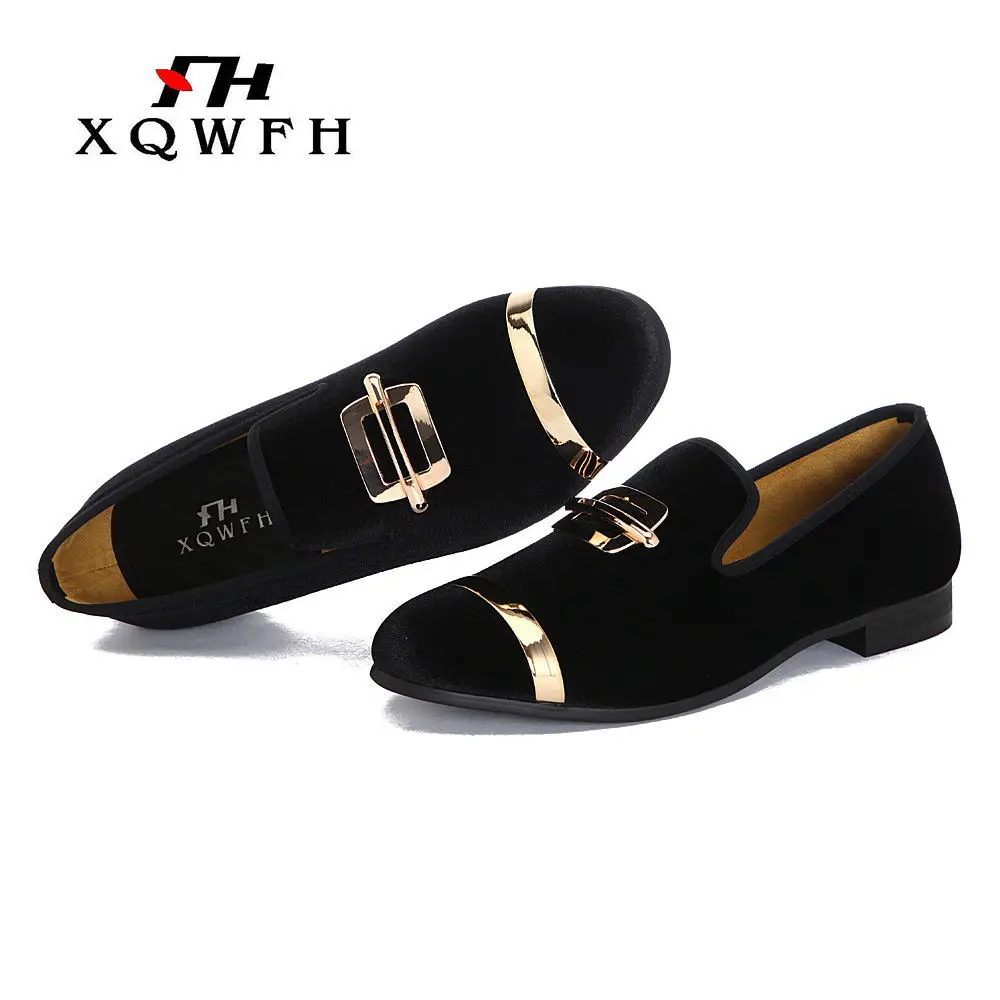 XQWFH High Quality Men Velvet Loafers Luxury Metal Buckle Wedding Dress Shoes Mens Ballroom Dance Nightclub Party Shoes Big Size