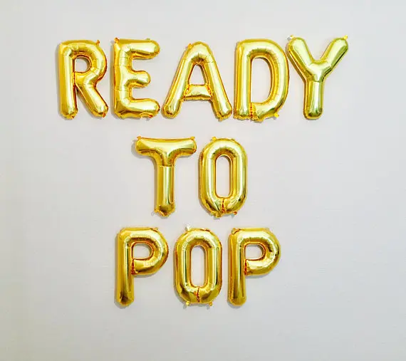 gold or silver Ready to Pop baby shower letter balloons Pregnancy photo backdrops party decorations