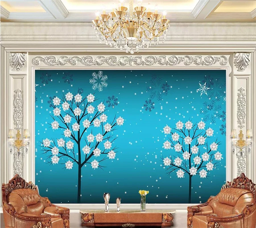 

wellyu papel de parede para quarto Custom wallpaper Blue beautiful pearl jewelry jewel tree simple living room TV background