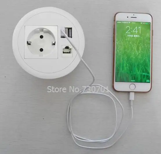 EU desk grommet with 1 EU power 1 internet dual charge USB for home office simple easy convenient use white color