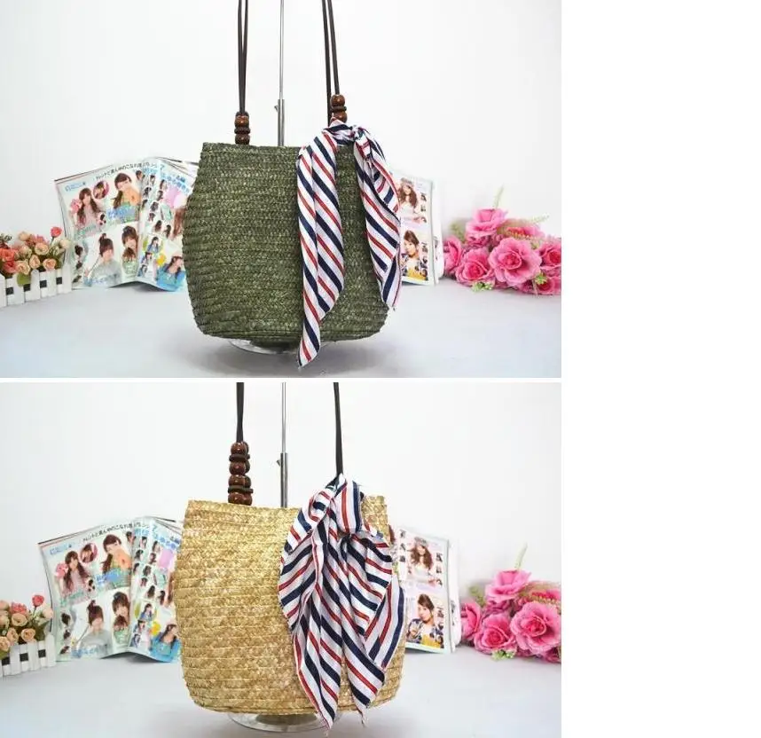 Scarf Bags Womens Wax With Laminated Wood Bead Decorative Straw Bags With a Scarf A2829