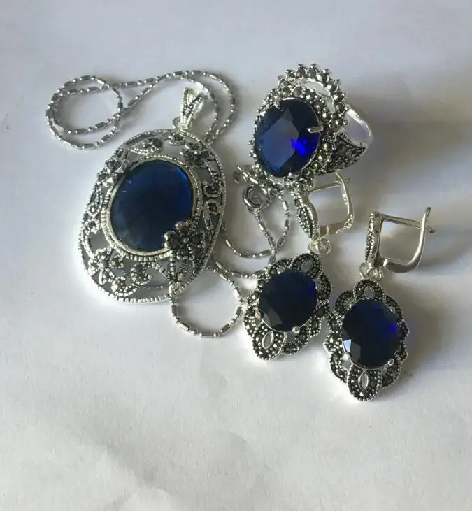 

Lady's designed blue SAPPHIRE Marcasite 925 Sterling Silver Ring(#6-9) Earrings & Pandent jewelry sets