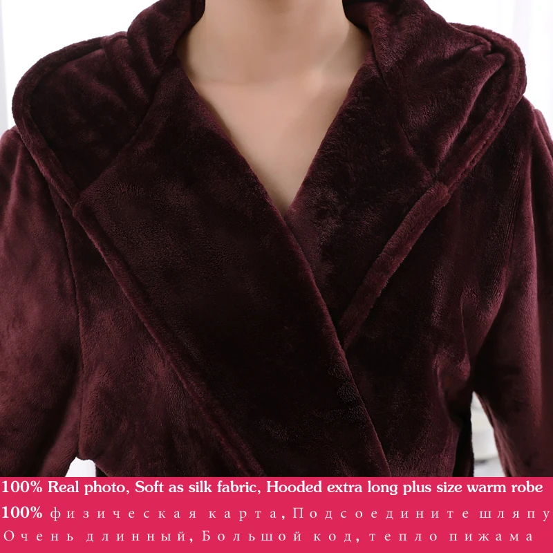 Lovers Hooded Extra Long Thermal Bathrobe Women Men Plus Size Winter Warm Bath Robe Coral Fleece Dressing Gown Bride Sleepwear