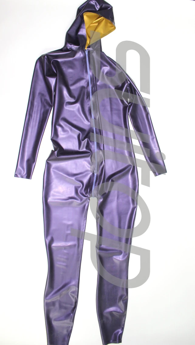 Nieuwe Aangekomen Mannen Latex Jumpsuit Rubber Catsuit Met Cap In Metallic Paars En Goud