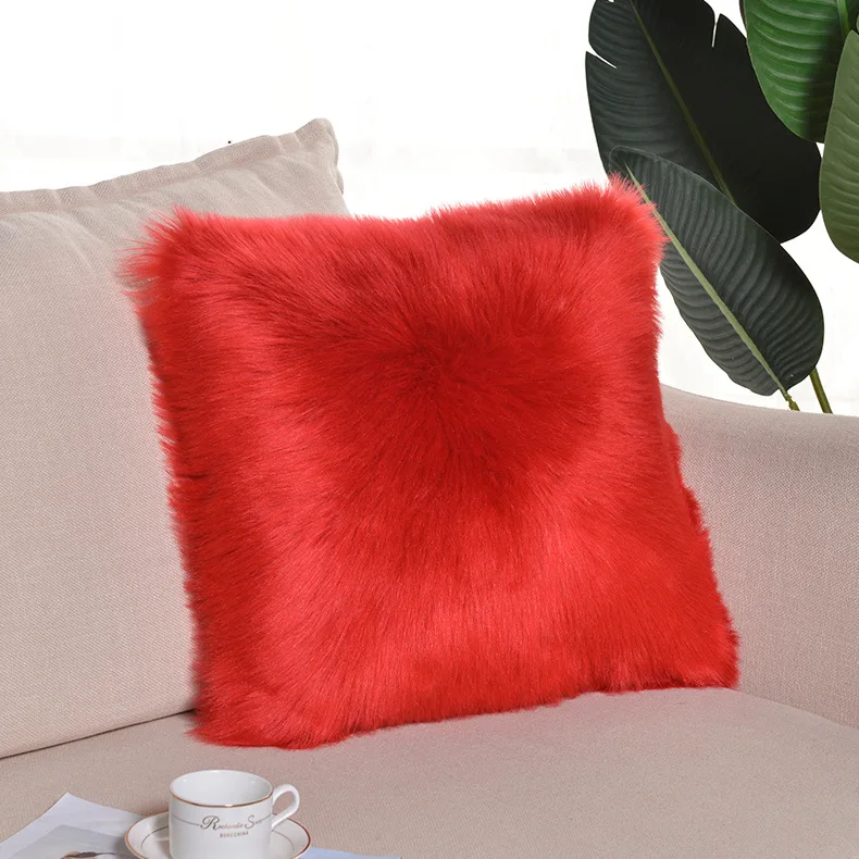 

Pure White/Gray/Red Wool Cushion Cover Solid One Side Faux Fur Decorative Throw Pillow Case Square Plush For Home Decor 45x45cm