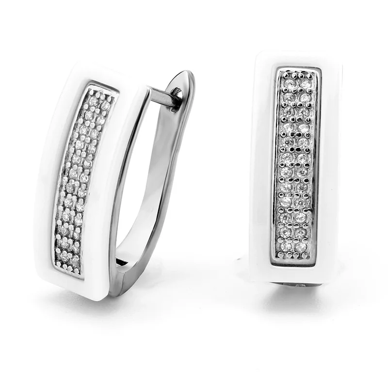 Jewelry Set Black White Ceramic Ring & Earrings With Big Carat CZ Wedding Accessories U Shape Stud Earrings And Rings For Women