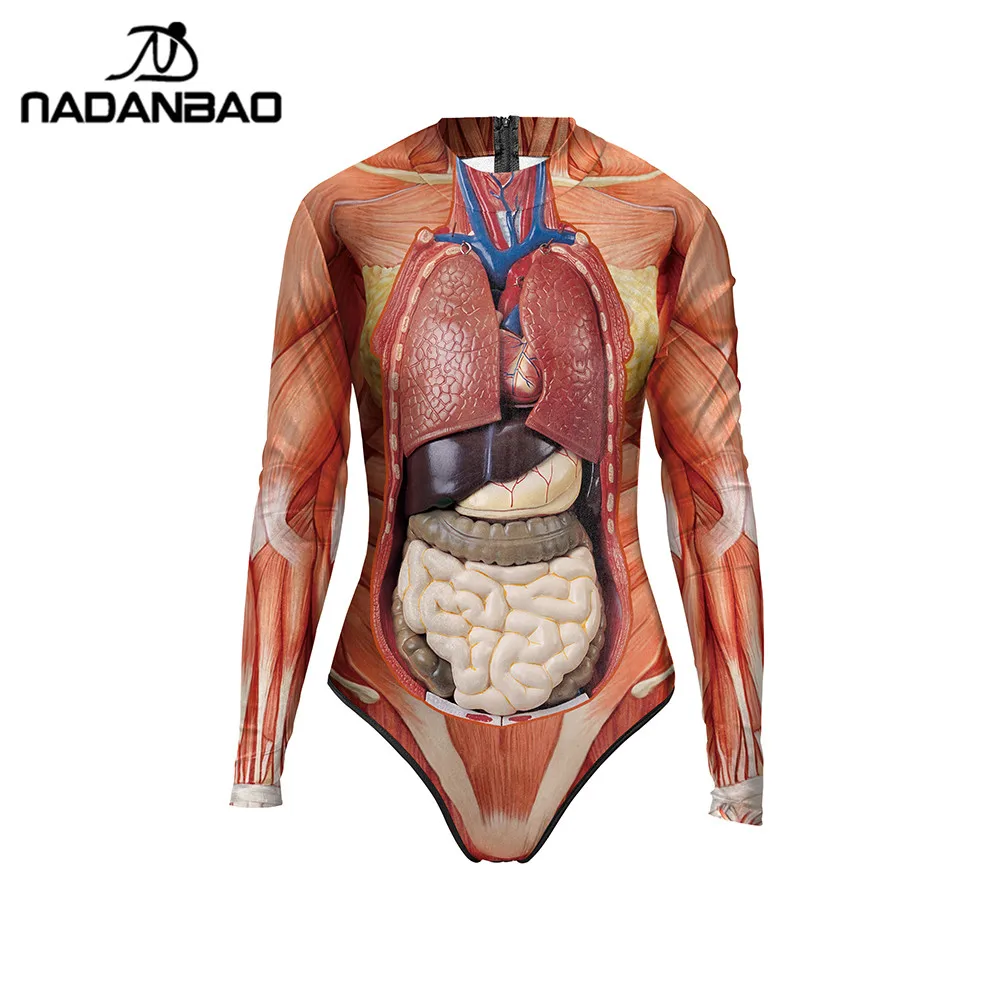 Nadanbao 2023 Halloween One Piece Swimsuit Long Sleeve Zippered 3D Printed Organ Swimwear Women Oversize Swimming Suit for Wome