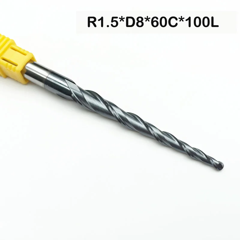 2F HRC55 8mm Taper Ball Nose End Mill cone R1.5*D8*60*100L