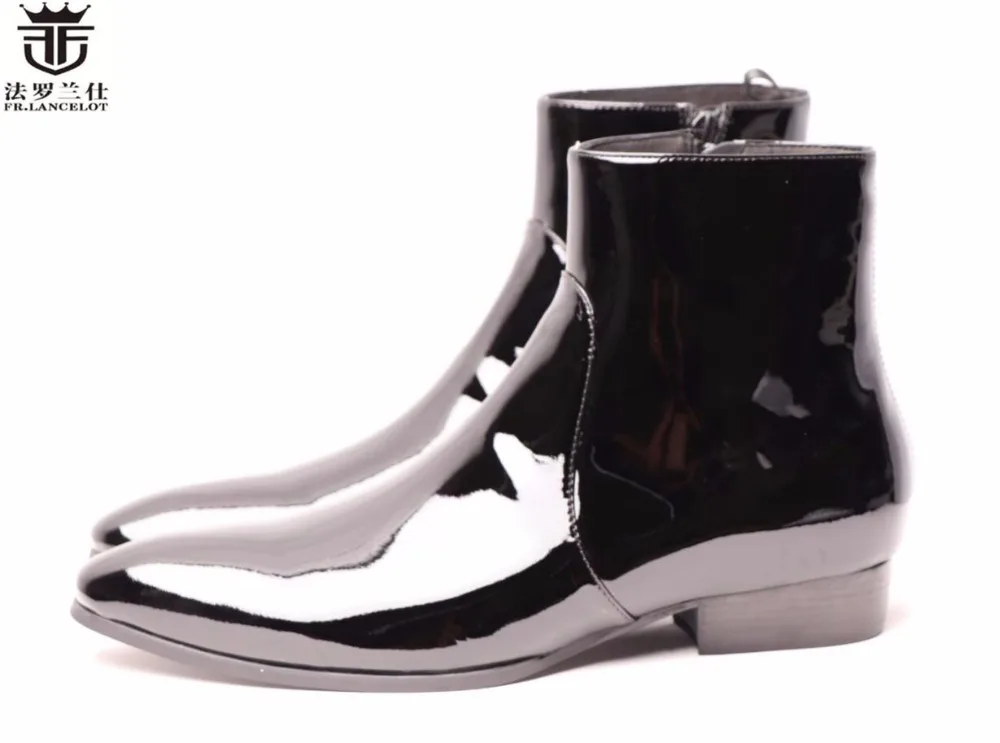 FR.LANCELOT fashion boots male chelsea fashion patent leather men's boots high-top shoes side zipper medium cut leather Boots