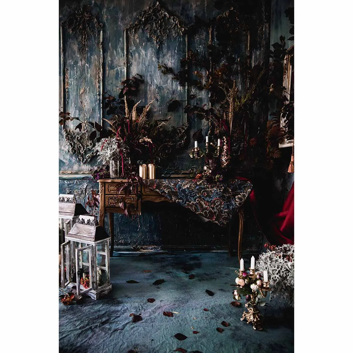 Allenjoy-شموع طاولة خشبية على الطراز الفيكتوري ، ديكور على الطراز الفيكتوري الداكن مع أزهار ، شموع طاولة خشبية في شمعدان ، ديكورات صور للكاميرا المنزلية