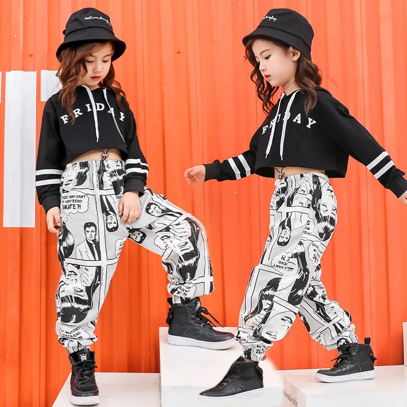 Kids Ballroom Costumes Hip Hop Clothing Dance Jazz Girls Performance Stage Costume Loose Hoodie and Pant Dance Wear Clothes