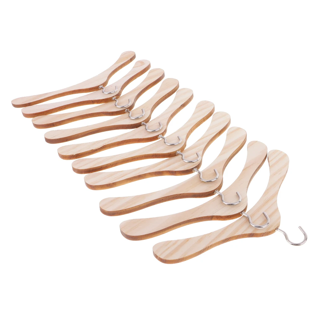 10 Pack Durable 15cm Baby Doll Wooden Clothes Metal Hook Hangers Natural Finished for BJD 70cm Uncle Dolls