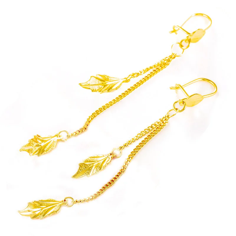 OMHXFC Wholesale European Fashion Woman Girl Party Wedding Gift Leaves Long Tassel 18KT Gold Drop Earrings ER18