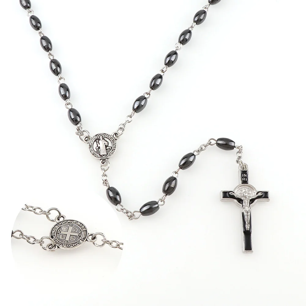 Oval Hematite Bead Catholic Rosary Pendant Necklace Alloy Cross Jesus Cross Pendant Benedict Connectors Religious Necklaces