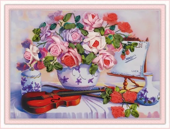 Needlework,DIY Ribbon Cross stitch Sets for Embroidery kit,table vase violin rose floral flower ribbon Cross-Stitch needlework