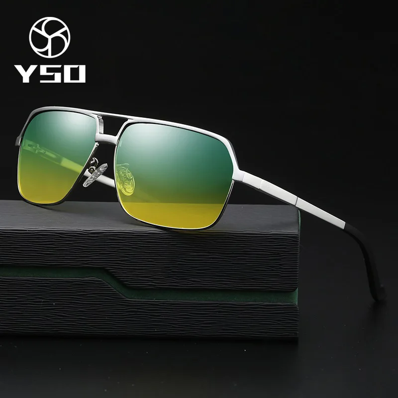 YSO Sunglasses Men Polarized UV400 Aluminium Magnesium Frame HD Night Vision Driving Glasses Rectangle Accessories For Men 8549