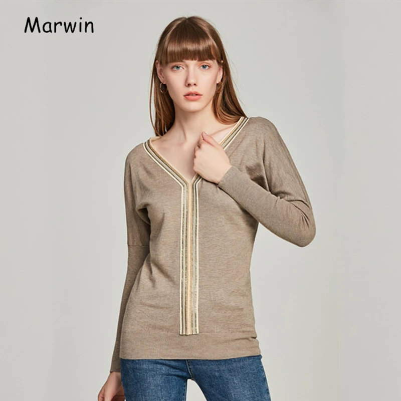 Marwin 2019 New-coming Casual V-Neck Pullovers Beading Solid Women Sweaters Fashion winter knitted sweater Soft warm autumn