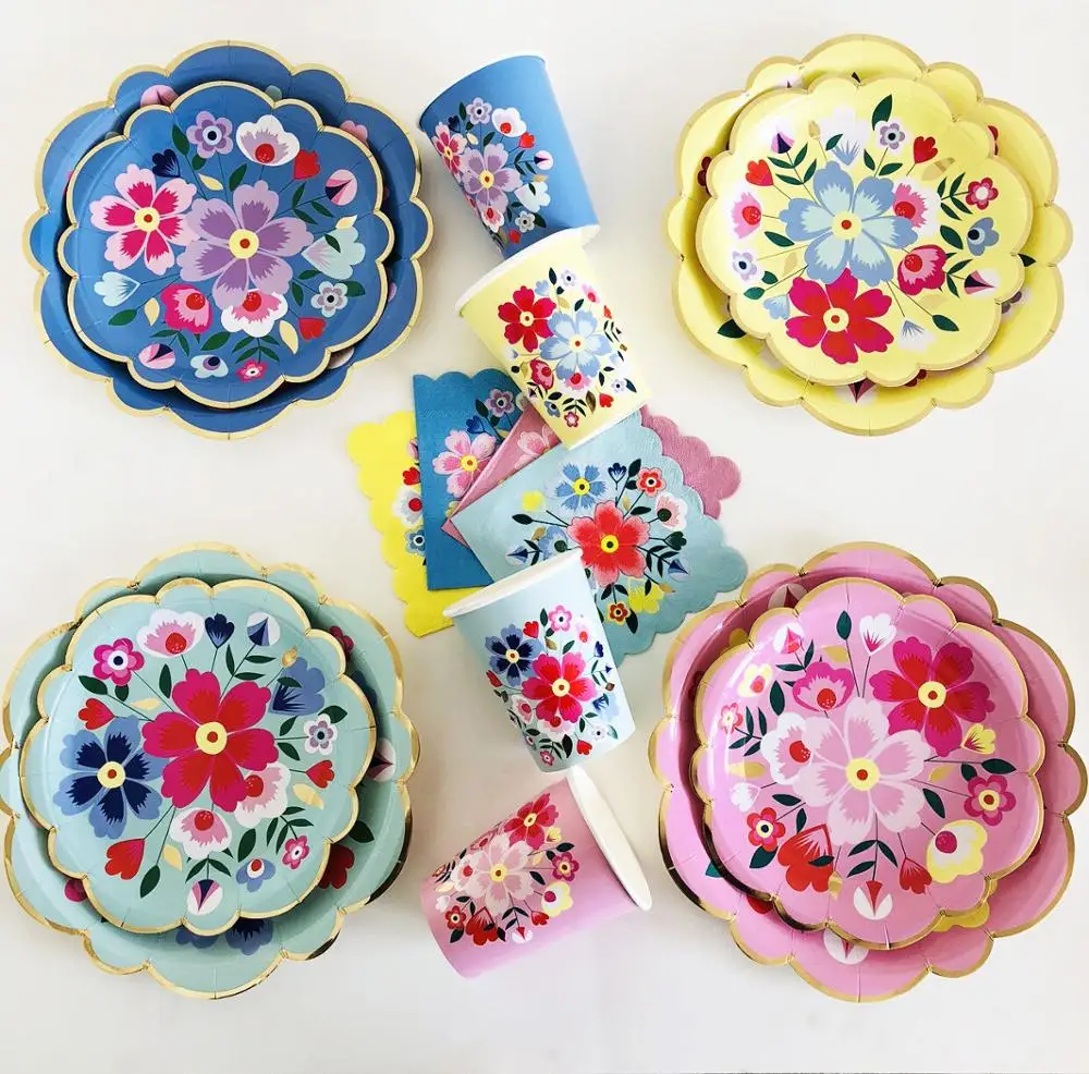 Disposable Tableware Sets Flower Paper Plates Cups Napkins Straw Party Supplies Kids Girl Baby Shower Wedding Birthday Decor