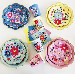 Disposable Tableware Sets Flower Paper Plates Cups Napkins Straw Party Supplies Kids Girl Baby Shower Wedding Birthday Decor