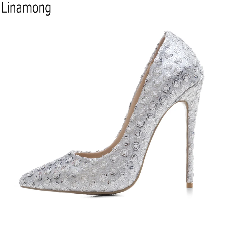 

Spring Ladies Sewed Sequins Flower Weddding Pumps Ladies Pointed Toe Slip on Stilettos High Heels Party Dress Shoes for women