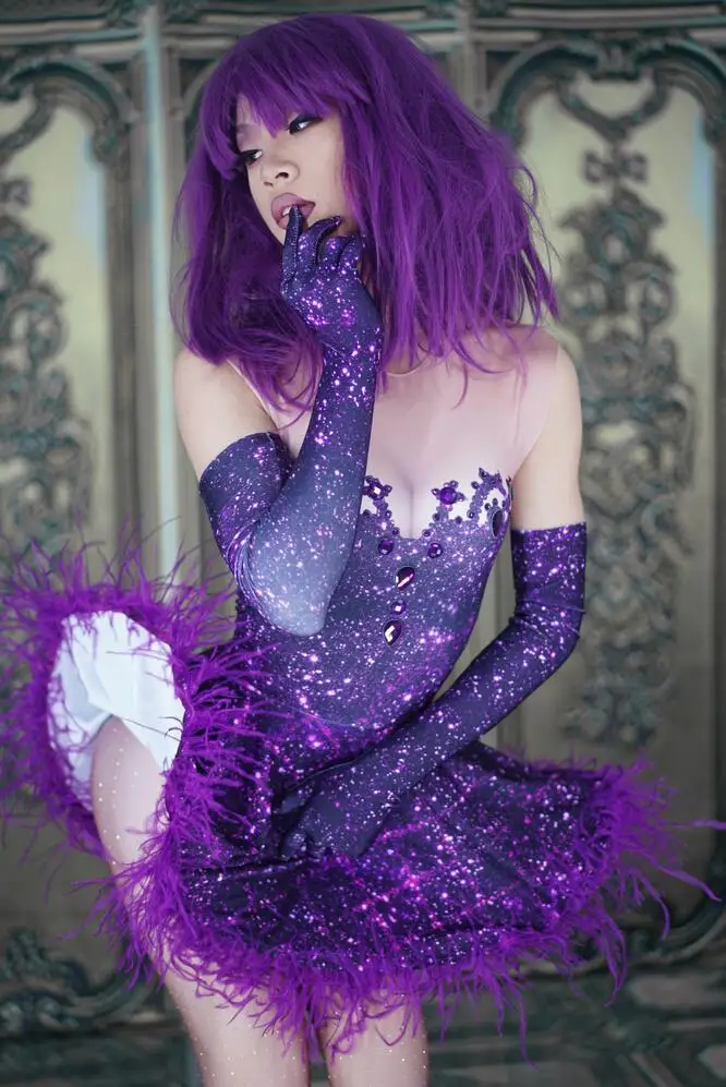 Female Stage Wear Party Show Performance Dance Outfit Sexy Women Dance Team Ballroom Costume Purple Crystals Feather Short Dress