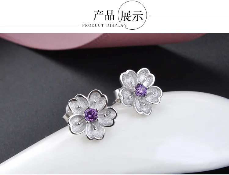S925 sterling silver plum and diamond earrings Korean simple flower zircon earrings female fashion pop silver earrings
