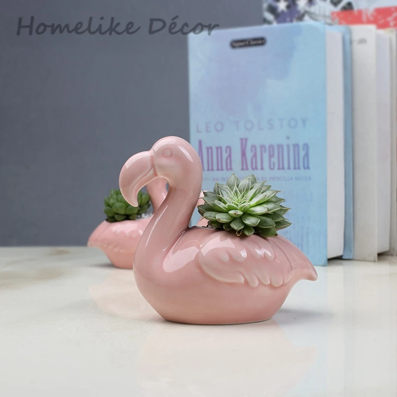 Pack of 3 pieces Flamingo shaped ceramic flowerpot Mini flamingo porcelain flower plant pot for Desktop Home Garden decoration