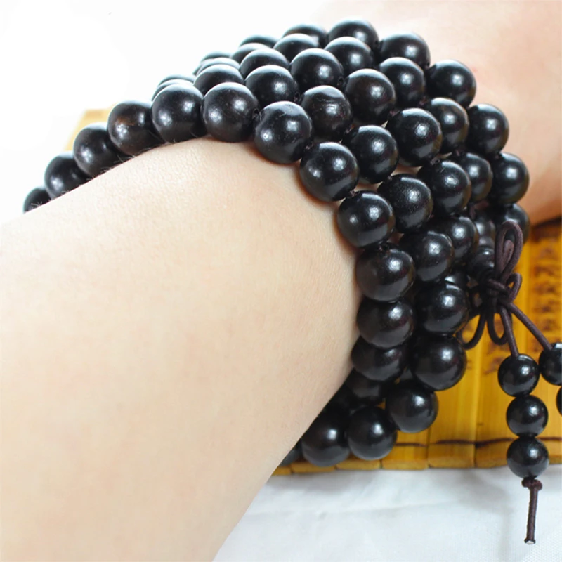 8mm Black Natural African Ebony Beads Buddha Elastic Bracelet Mala Rosary, Classical Wind Energy Hand String Couples Jewelry