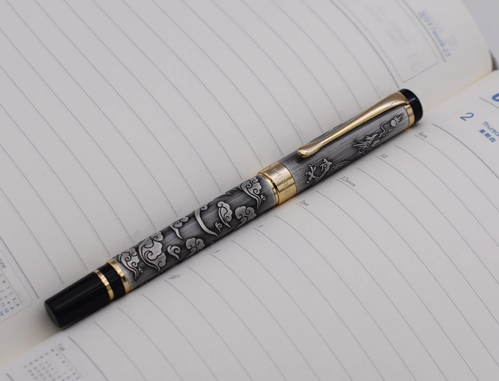 Jinhao 5000 Vintage Luxurious Metal Rollerball Pen Beautiful Dragon Texture Carving, Gray Color Ink Pen for Office Business