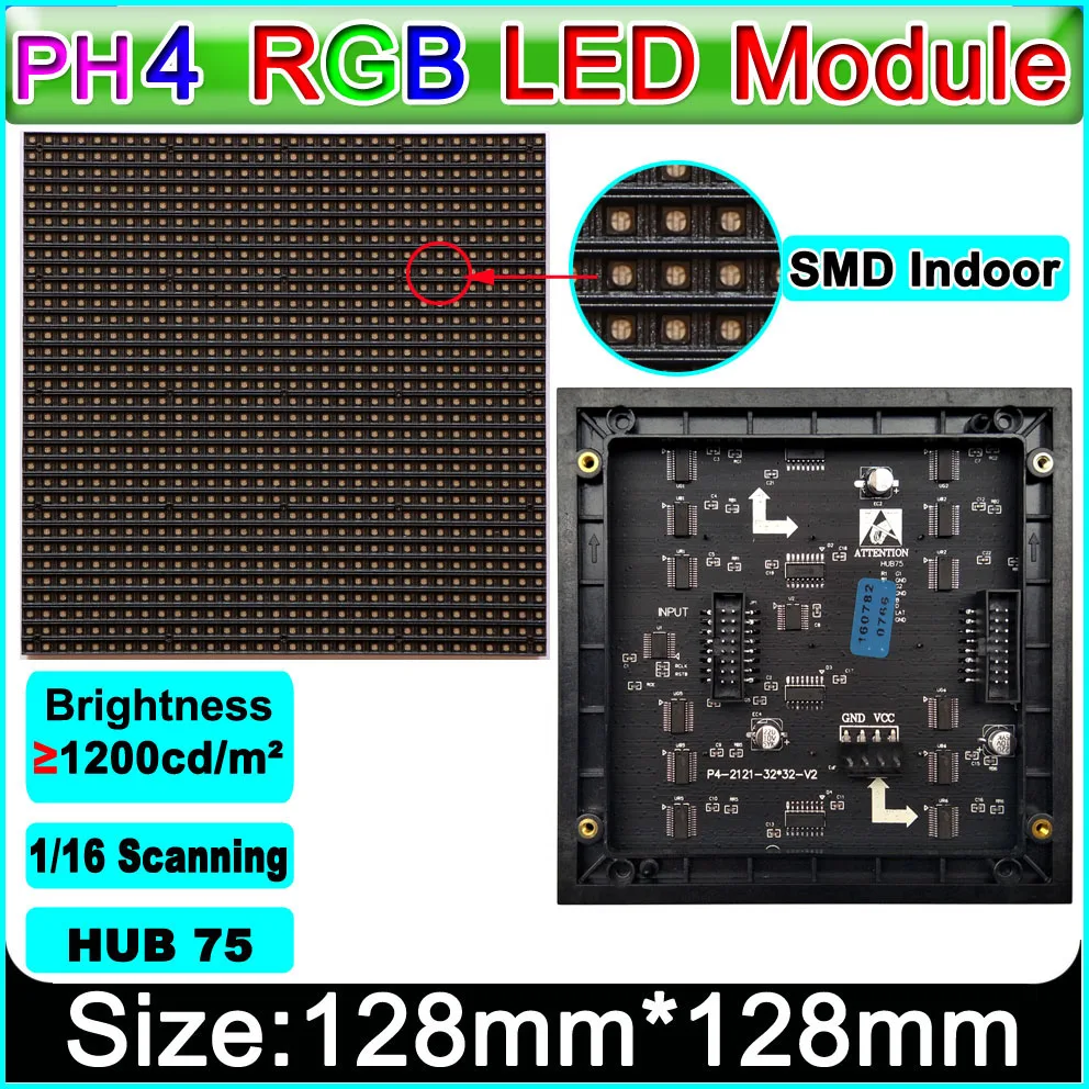 SMD 3in1 Indoor full color P4 LED module, RGB HD LED display module,128mm*128mm 1/16 scan, 32 * 32 pixel,