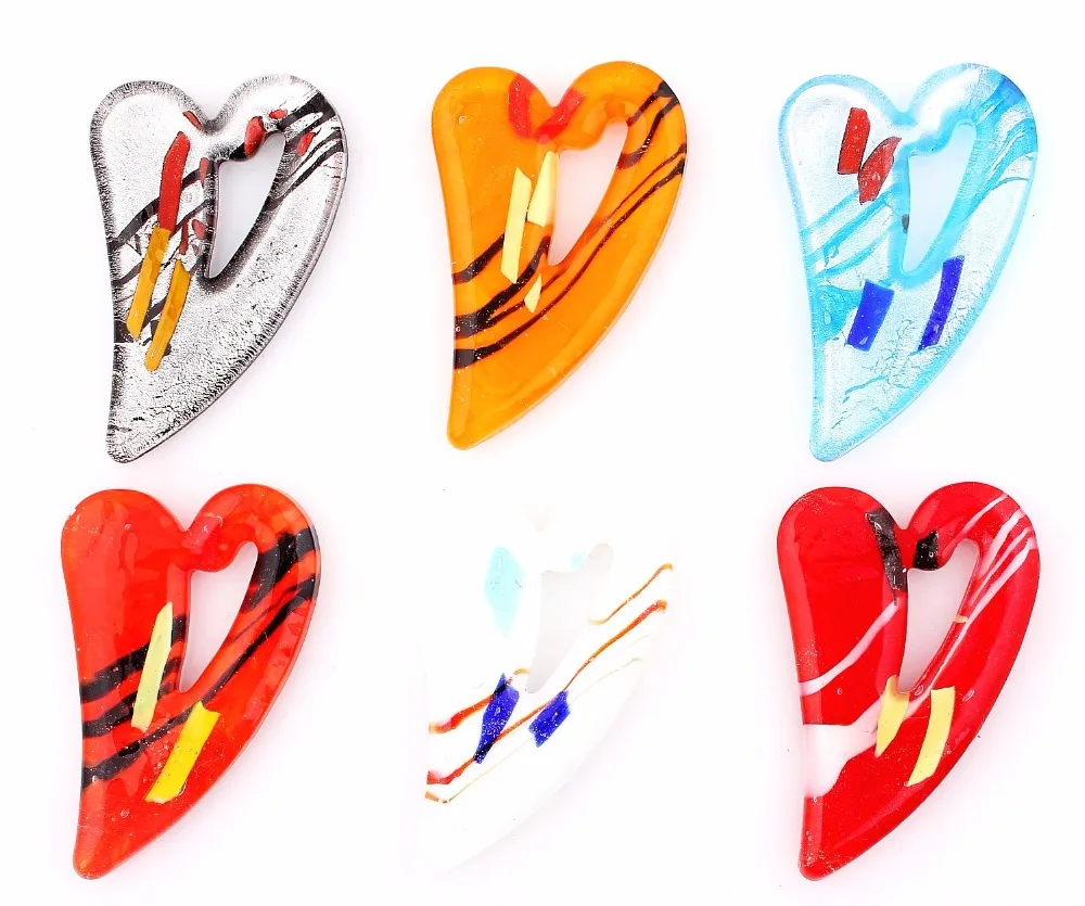 Fashion Women Wholesale 6pcs Handmade Murano Lampwork Glass Mixed Color Slanting Hearts Pendants Fit Necklace Hot p0145