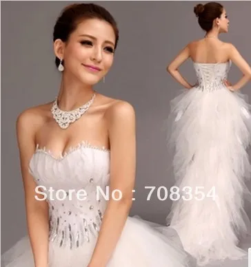 Hot~~Feather Hi-Lo Wedding Dress~~ Front Short and Back Trailing Style Bride Feather Wedding Gown 633