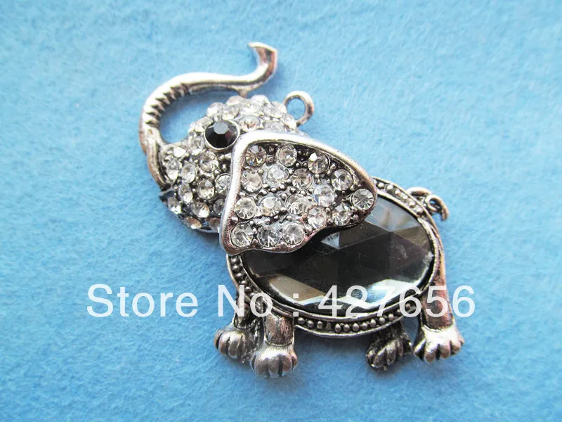 1pcs Large Antique Silver tone Elephant Pendant Charm,dotted 44pcs Rhinestone &1pcs Large Rhinestone,1pcs Mirror Backside